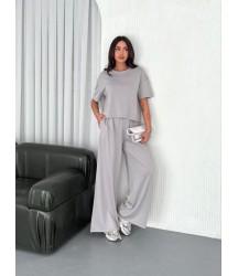 Osy Modal Yumuşak Dokulu Kumaş Bisiklet Yaka T-shirt  Bol Paça Pantalon Ikili Takım - Boyalı Gri