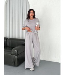 Osy Modal Yumuşak Dokulu Kumaş Bisiklet Yaka T-shirt  Bol Paça Pantalon Ikili Takım - Boyalı Gri