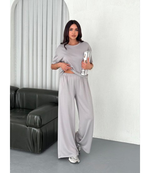 Osy Modal Yumuşak Dokulu Kumaş Bisiklet Yaka T-shirt  Bol Paça Pantalon Ikili Takım - Boyalı Gri