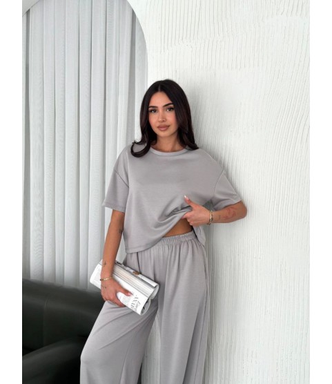 Osy Modal Yumuşak Dokulu Kumaş Bisiklet Yaka T-shirt  Bol Paça Pantalon Ikili Takım - Boyalı Gri