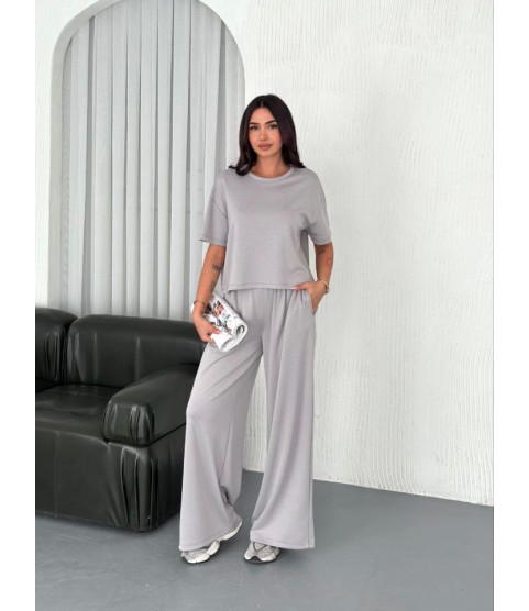 Osy Modal Yumuşak Dokulu Kumaş Bisiklet Yaka T-shirt  Bol Paça Pantalon Ikili Takım - Boyalı Gri