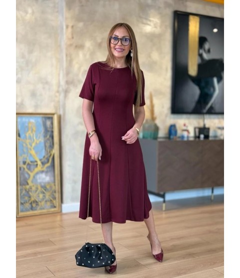 Kadın Kısa Kollu Bisiklet Yaka Midi Viskon Iki Iplik Elbise