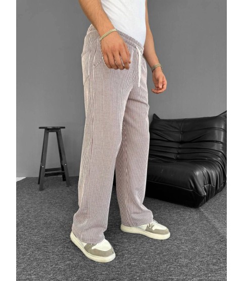 Su Yolu Çizgili Cepli Pantalon - Kahverengi