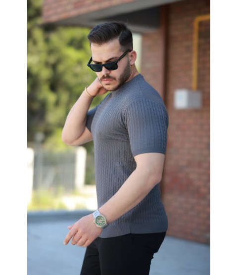 Erkek Bisiklet Yaka örgü Desenli Kısa örme Triko Kısa Kollu T-shirt