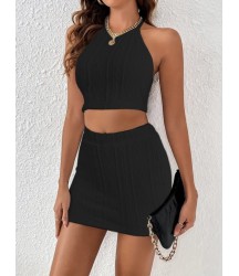 Kadın Sıfır Kol Crop Mini Etek Ikili Triko Takım