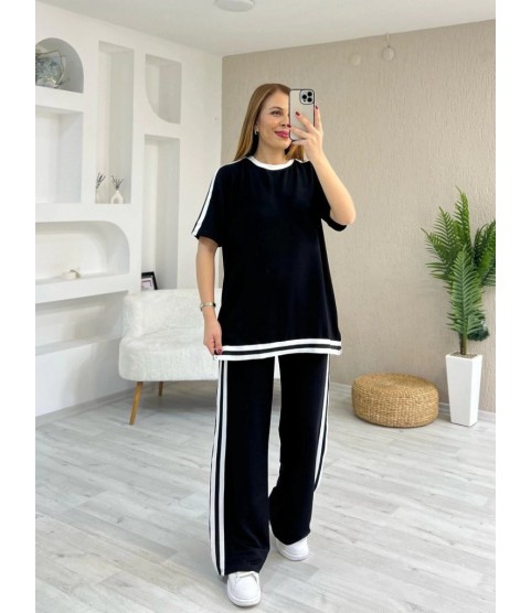 Kadın Kısa Kollu Bisiklet Yaka çift Renk şerit Detaylı Viskon Iki Iplik Bluz Ve Pantolon Ikili Takım
