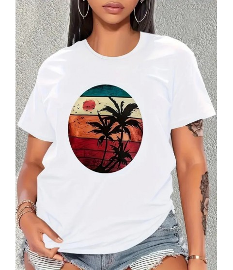 Kadın Kısa Kollu Palmiye Baskılı Viskon T-shirt