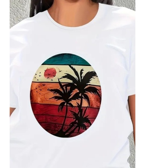 Kadın Kısa Kollu Palmiye Baskılı Viskon T-shirt