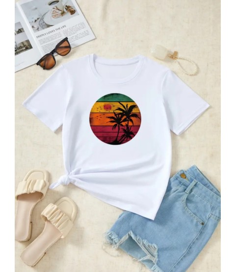 Kadın Kısa Kollu Palmiye Baskılı Viskon T-shirt