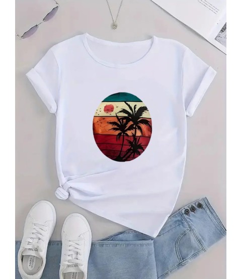 Kadın Kısa Kollu Palmiye Baskılı Viskon T-shirt