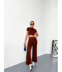 Osy Modal Yumuşak Dokulu Kumaş Kısa Kollu Crop Alt Ispanyol Paça Pantalon Ikili Takım - Kahverengi