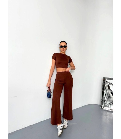 Osy Modal Yumuşak Dokulu Kumaş Kısa Kollu Crop Alt Ispanyol Paça Pantalon Ikili Takım - Kahverengi