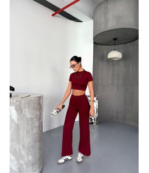 Osy Modal Yumuşak Dokulu Kumaş Kısa Kollu Crop Alt Ispanyol Paça Pantalon Ikili Takım - Bordo