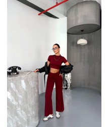 Osy Modal Yumuşak Dokulu Kumaş Kısa Kollu Crop Alt Ispanyol Paça Pantalon Ikili Takım - Bordo