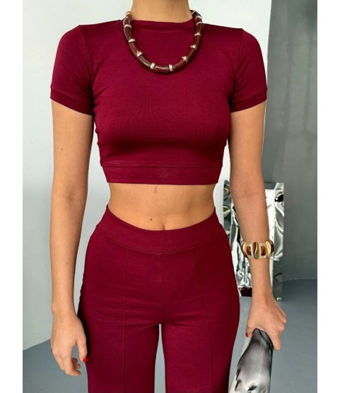 Osy Modal Yumuşak Dokulu Kumaş Kısa Kollu Crop Alt Ispanyol Paça Pantalon Ikili Takım - Bordo Osy Modal Yumuşak Dokulu Kumaş Kısa Kollu Crop Alt Ispanyol Paça Pantalon Ikili Takım - Bordo