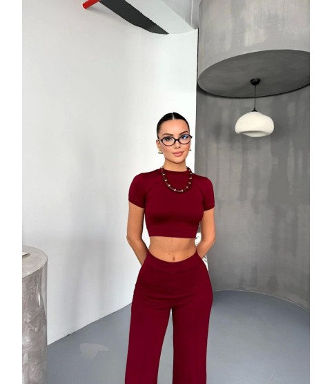 Osy Modal Yumuşak Dokulu Kumaş Kısa Kollu Crop Alt Ispanyol Paça Pantalon Ikili Takım - Bordo Osy Modal Yumuşak Dokulu Kumaş Kısa Kollu Crop Alt Ispanyol Paça Pantalon Ikili Takım - Bordo