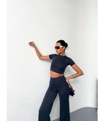 Osy Modal Yumuşak Dokulu Kumaş Kısa Kollu Crop Alt Ispanyol Paça Pantalon Ikili Takım - Füme