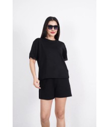 Osy Modal Yumuşak Dokulu Kumaş Bisiklet Yaka T-shirt Kısa Şort İkili Takım - Siyah