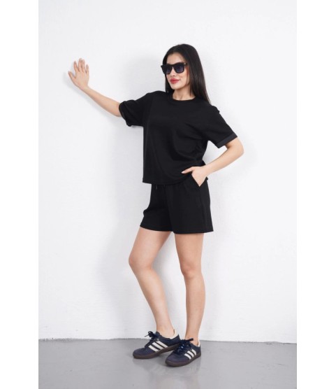 Osy Modal Yumuşak Dokulu Kumaş Bisiklet Yaka T-shirt Kısa Şort İkili Takım - Siyah