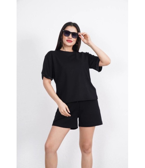 Osy Modal Yumuşak Dokulu Kumaş Bisiklet Yaka T-shirt Kısa Şort İkili Takım - Siyah