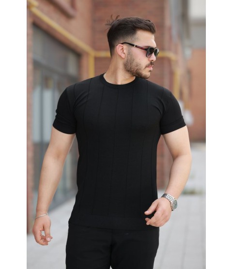 Erkek Ince çizgi Dokulu Bisiklet Yaka Kısa Kollu T-shirt