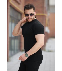 Erkek Ince çizgi Dokulu Bisiklet Yaka Kısa Kollu T-shirt