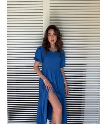 Kadın Kısa Kollu Yakası Açık Katlı Bürümcük Balon Elbise