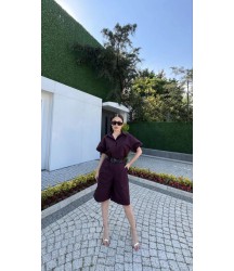 Yakalı Gömlek Kemerli Şortlu Takım - Bordo