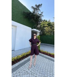 Yakalı Gömlek Kemerli Şortlu Takım - Bordo