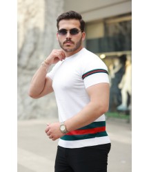 Erkek Bisiklet Yaka Bel Ve Kol şerit Desenli Kısa Kollu Tişört