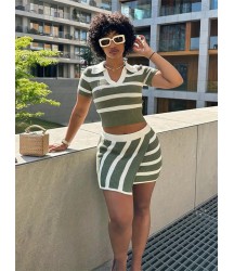 Kadın Kısa Kollu Polo Yaka Crop Asimetrik Mini Triko Etek Ikili Takım