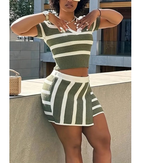 Kadın Kısa Kollu Polo Yaka Crop Asimetrik Mini Triko Etek Ikili Takım