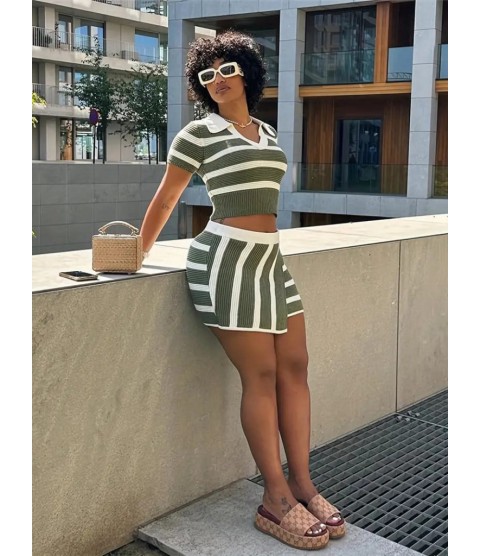 Kadın Kısa Kollu Polo Yaka Crop Asimetrik Mini Triko Etek Ikili Takım