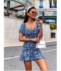Kadın Kısa Kollu Kalp Yaka çiçek Desenli Krep Elbise