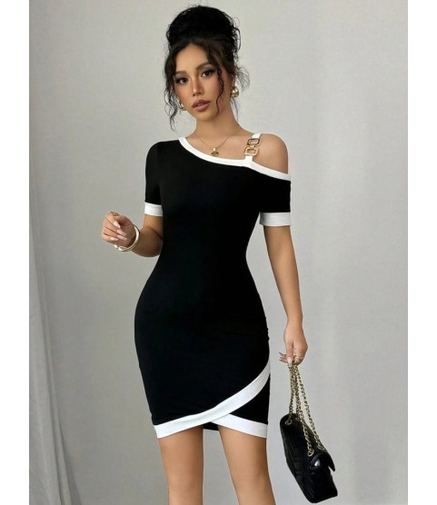 Kadın Kısa Kollu Asimetrik Kesim Yaka şerit Ve Aksesuar Detaylı Modal Elbise Kadın Kısa Kollu Asimetrik Kesim Yaka şerit Ve Aksesuar Detaylı Modal Elbise