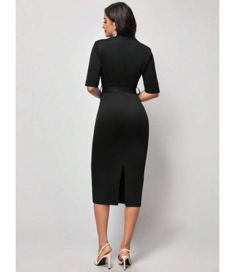 Kadın Kısa Kollu Yakalı Kruvaze Yakalı Beli Kemerli Midi Modal Elbise