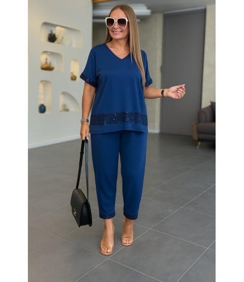 Kadın Kısa Kollu V Yakalı Pul Payetli Viskon Iki Iplik Bluz Ve Pantolon Ikili Takım