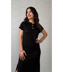 Kadın Kısa Kollu Yakalı Yandan Yırtmaçlı Viskon Iki Iplik Elbise