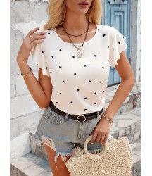 Kadın Kısa Kelebek Kollu Bisiklet Yaka Kalp Desenli Süprem Bluz