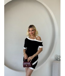 Kadın Kısa Kollu Asimetrik Kesim Yaka şerit Ve Aksesuar Detaylı Modal Elbise