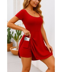 Kadın Kısa Kollu Kare Yaka Short Detaylı Cepli Dalgıç Elbise