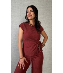 Kadın Kısa Kollu Bisiklet Yaka Yandan Bağlamalı Bürümcük Bluz Ve Pantolon Ikili Takım
