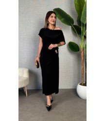Kadın Kısa Kollu Tek Omuzdan Açık Beli Lastikli Sandy Maxi Elbise