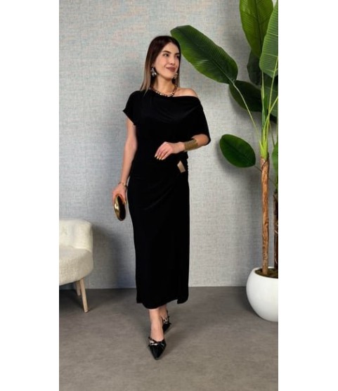 Kadın Kısa Kollu Tek Omuzdan Açık Beli Lastikli Sandy Maxi Elbise
