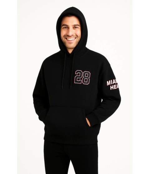Üç İplik Kapüşonlu Ön Ve Arka Baskılı SweatShirt Hoodie - Siyah