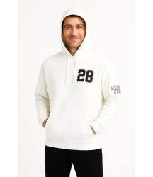 Üç İplik Kapüşonlu Ön Ve Arka Baskılı SweatShirt Hoodie - Beyaz