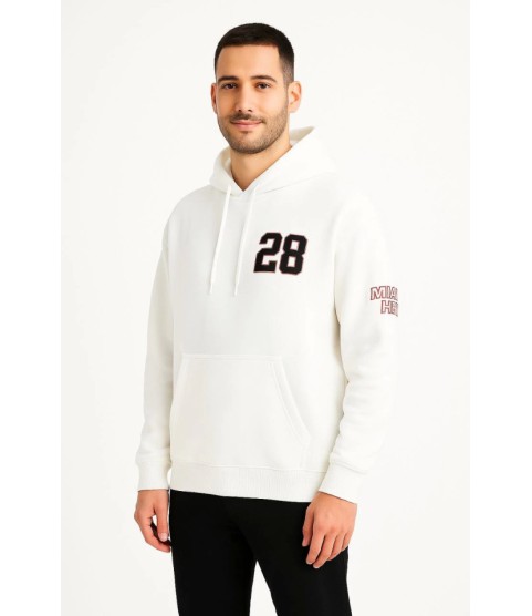Üç İplik Kapüşonlu Ön Ve Arka Baskılı SweatShirt Hoodie - Beyaz