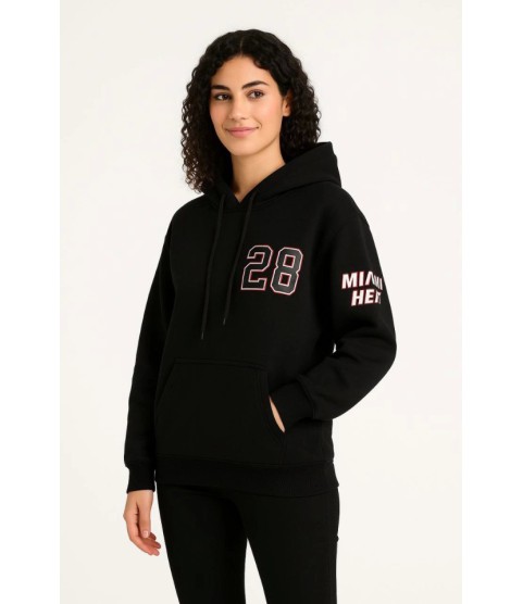Üç İplik Kapüşonlu Ön Ve Arka Baskılı SweatShirt Hoodie - Siyah