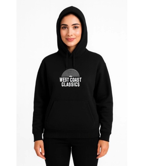 Üç İplik Kapüşonlu Ön Ve Arka Baskılı SweatShirt Hoodie - Siyah