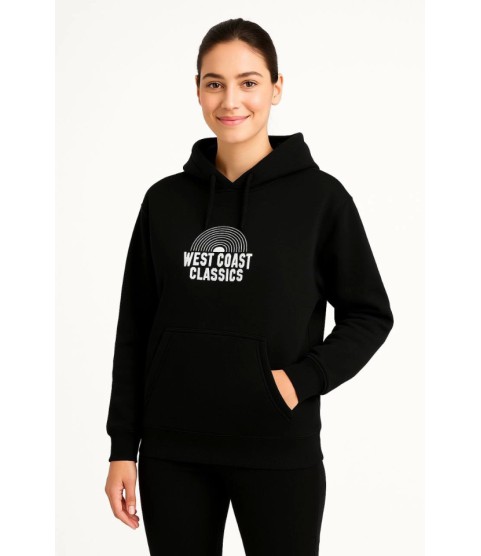 Üç İplik Kapüşonlu Ön Ve Arka Baskılı SweatShirt Hoodie - Siyah